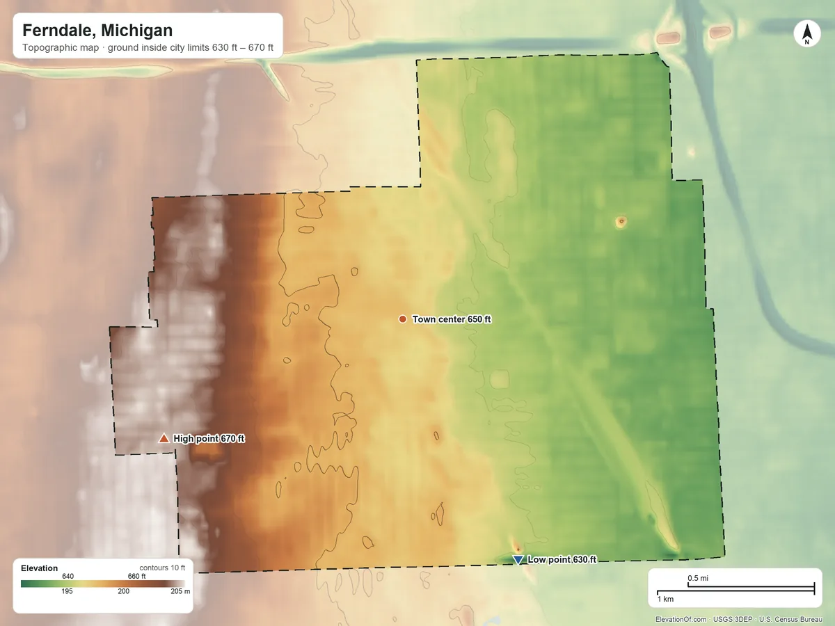 Topographic elevation map of Ferndale, Michigan, shaded from 630 ft on the southeast side to 670 ft on the southwest side