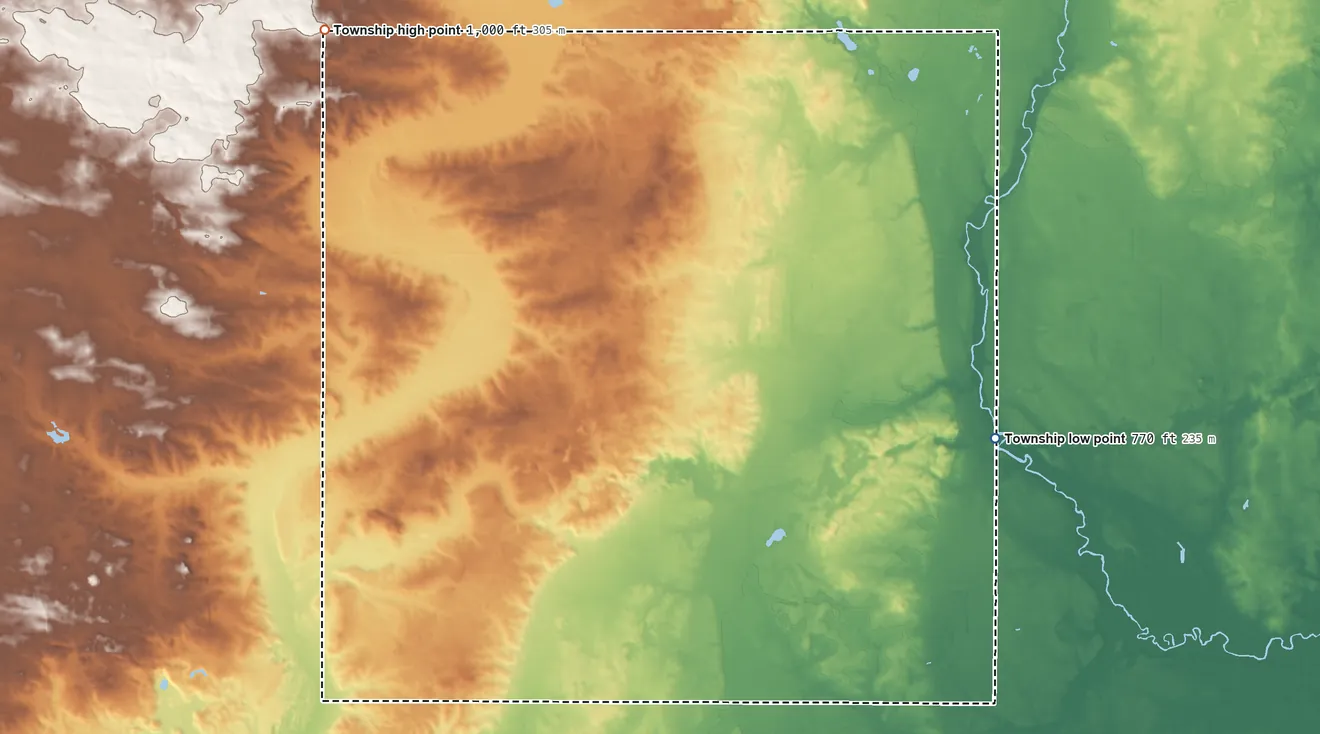 Topographic elevation map of Ferris Township, Michigan, shaded from 770 ft on the east side to 1,000 ft on the northwest side