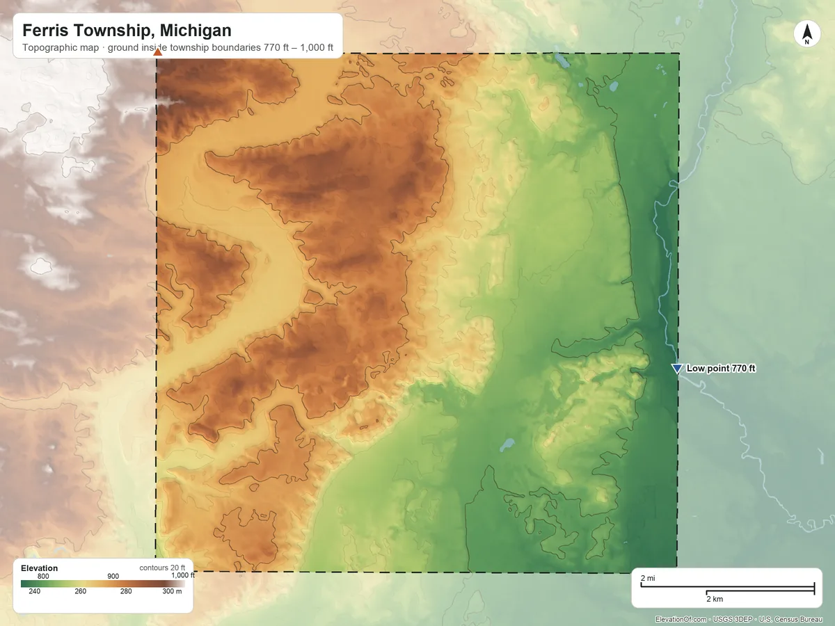 Topographic elevation map of Ferris Township, Michigan, shaded from 770 ft on the east side to 1,000 ft on the northwest side