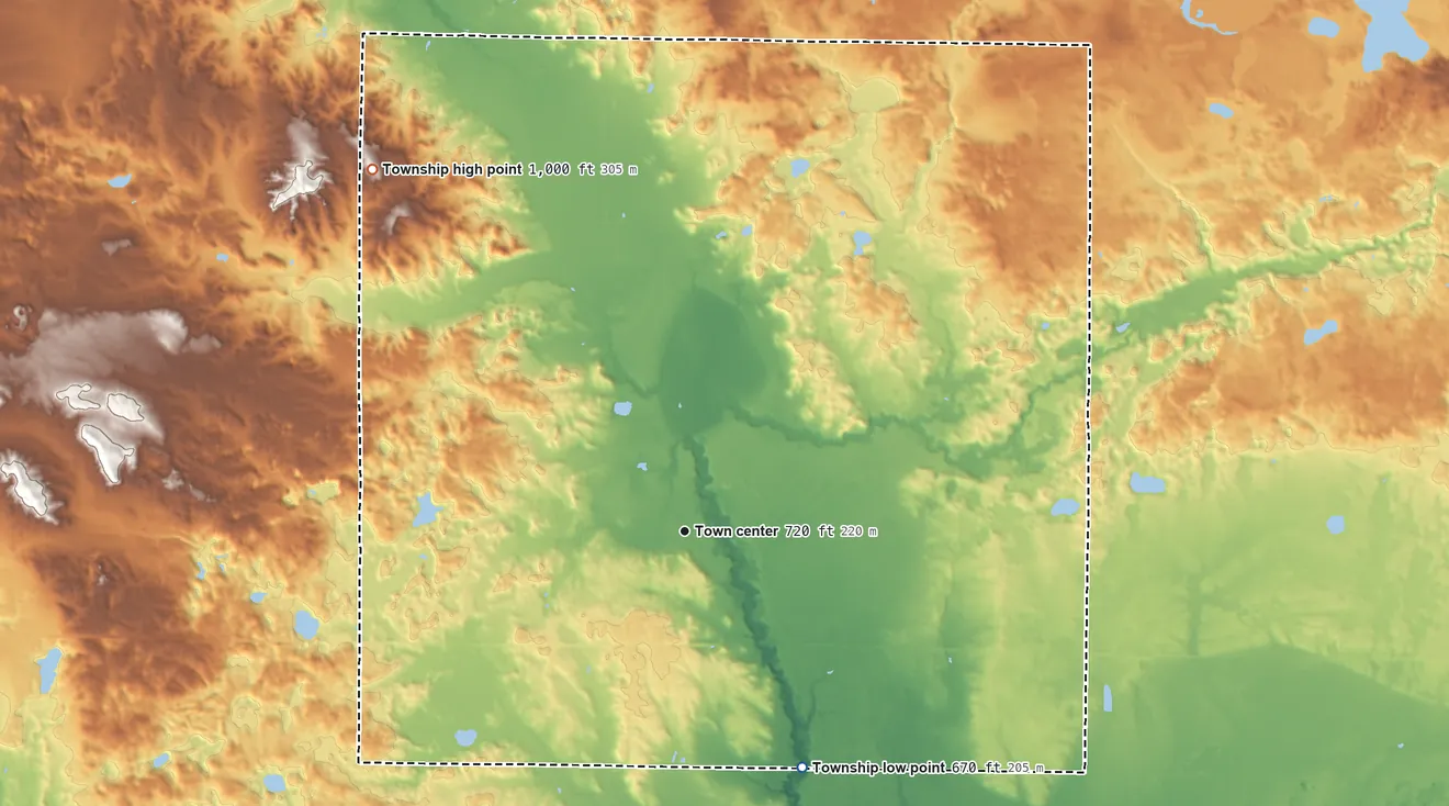 Topographic elevation map of Ferry Township, Michigan, shaded from 670 ft on the southeast side to 1,000 ft on the northwest side