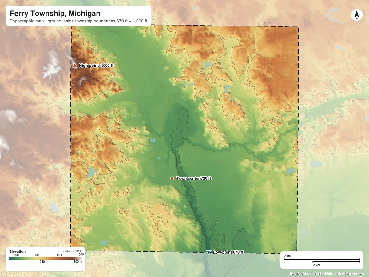 Topographic elevation map of Ferry Township, Michigan, shaded from 670 ft on the southeast side to 1,000 ft on the northwest side