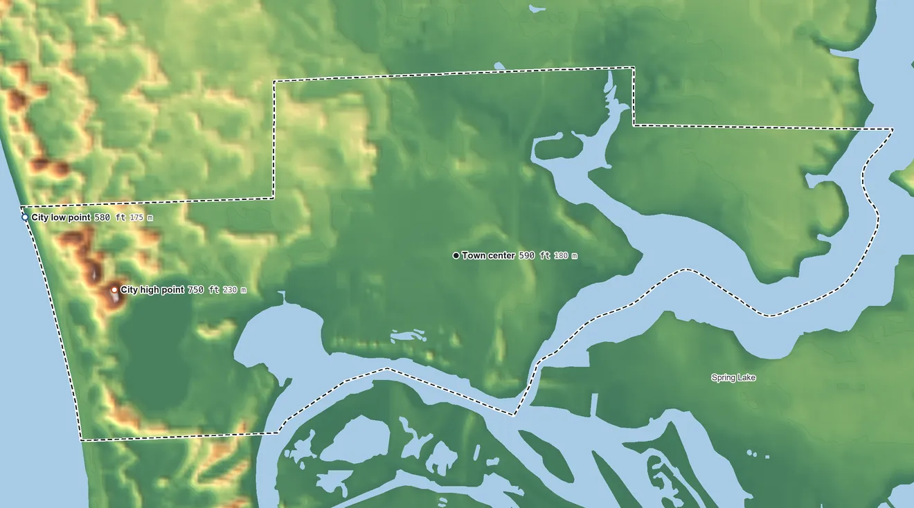 Topographic elevation map of Ferrysburg, Michigan, shaded from 580 ft on the west side to 750 ft on the west side