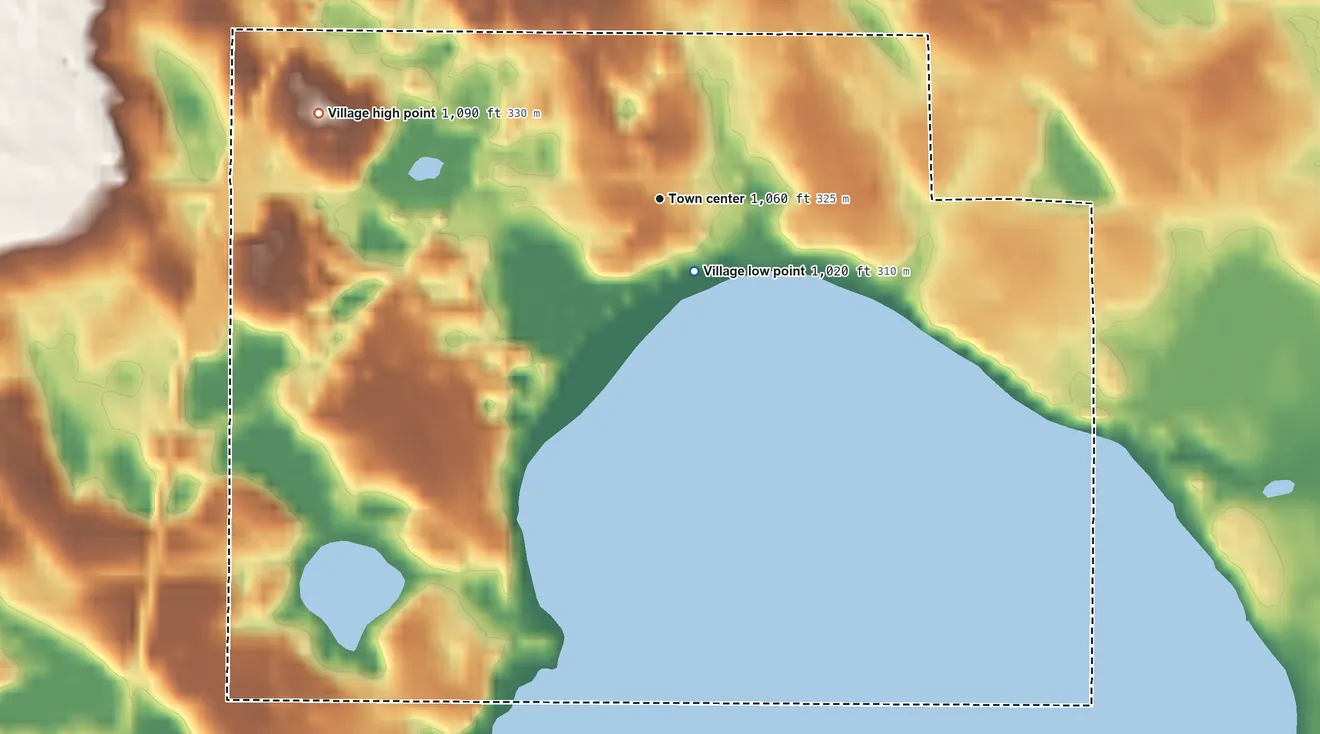 Topographic elevation map of Fife Lake, Michigan, shaded from 1,020 ft near the middle to 1,090 ft on the west side