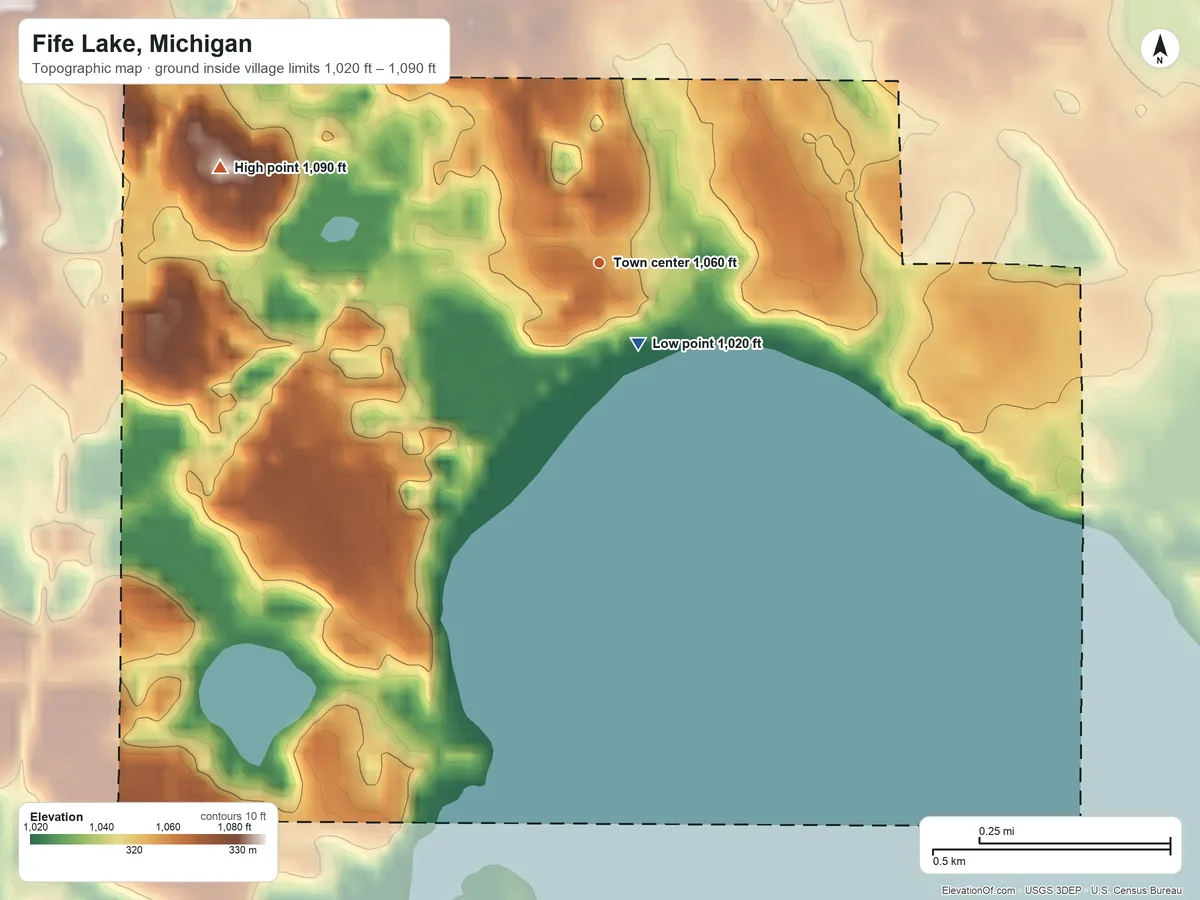 Topographic elevation map of Fife Lake, Michigan, shaded from 1,020 ft near the middle to 1,090 ft on the west side