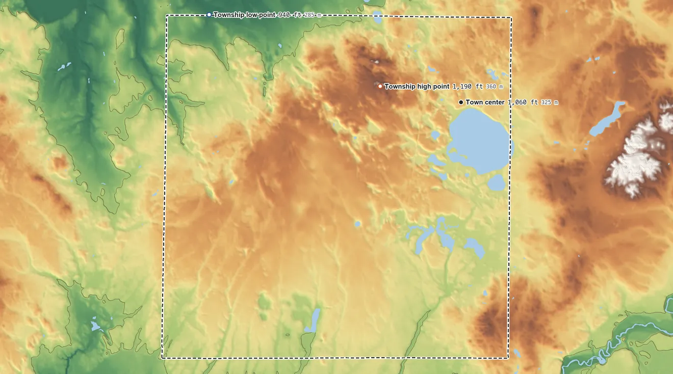 Topographic elevation map of Fife Lake Township, Michigan, shaded from 940 ft on the west side to 1,190 ft on the west side