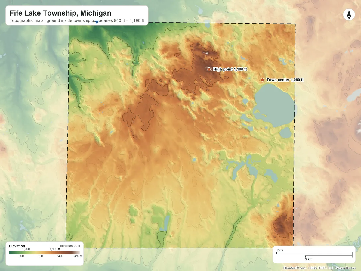 Topographic elevation map of Fife Lake Township, Michigan, shaded from 940 ft on the west side to 1,190 ft on the west side