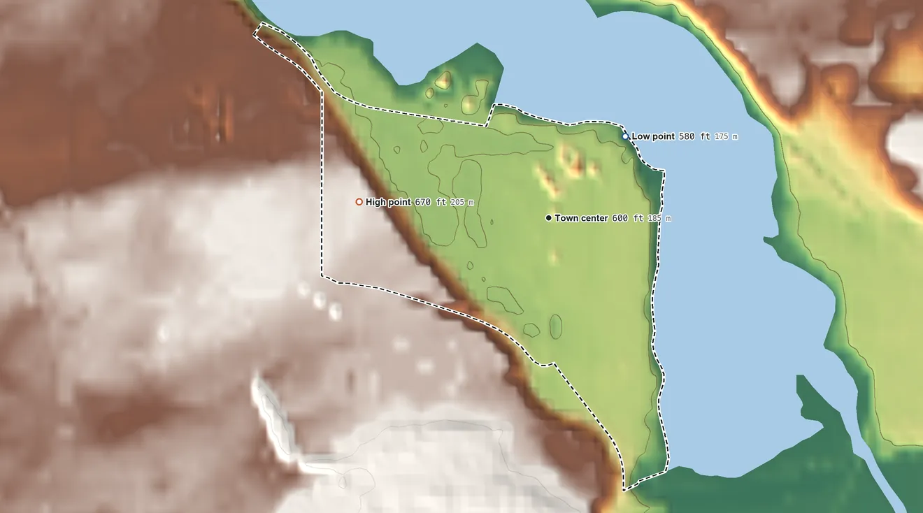 Topographic elevation map of Filer City, Michigan, shaded from 580 ft on the northeast side to 670 ft on the west side