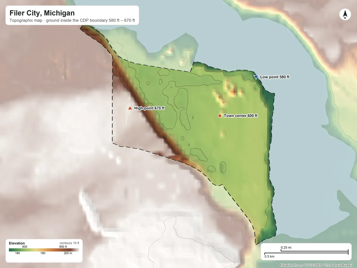 Topographic elevation map of Filer City, Michigan, shaded from 580 ft on the northeast side to 670 ft on the west side