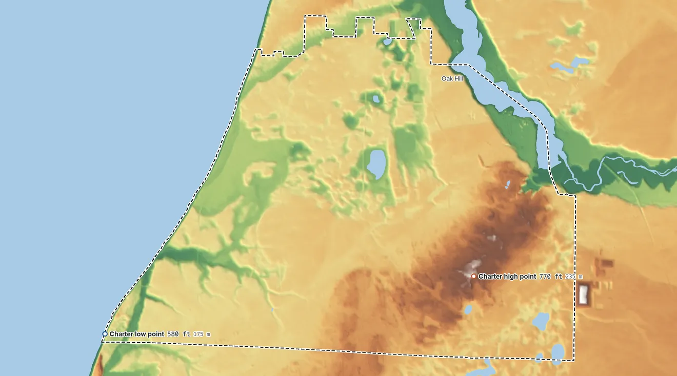 Topographic elevation map of Filer Township, Michigan, shaded from 580 ft on the southwest side to 770 ft on the southeast side