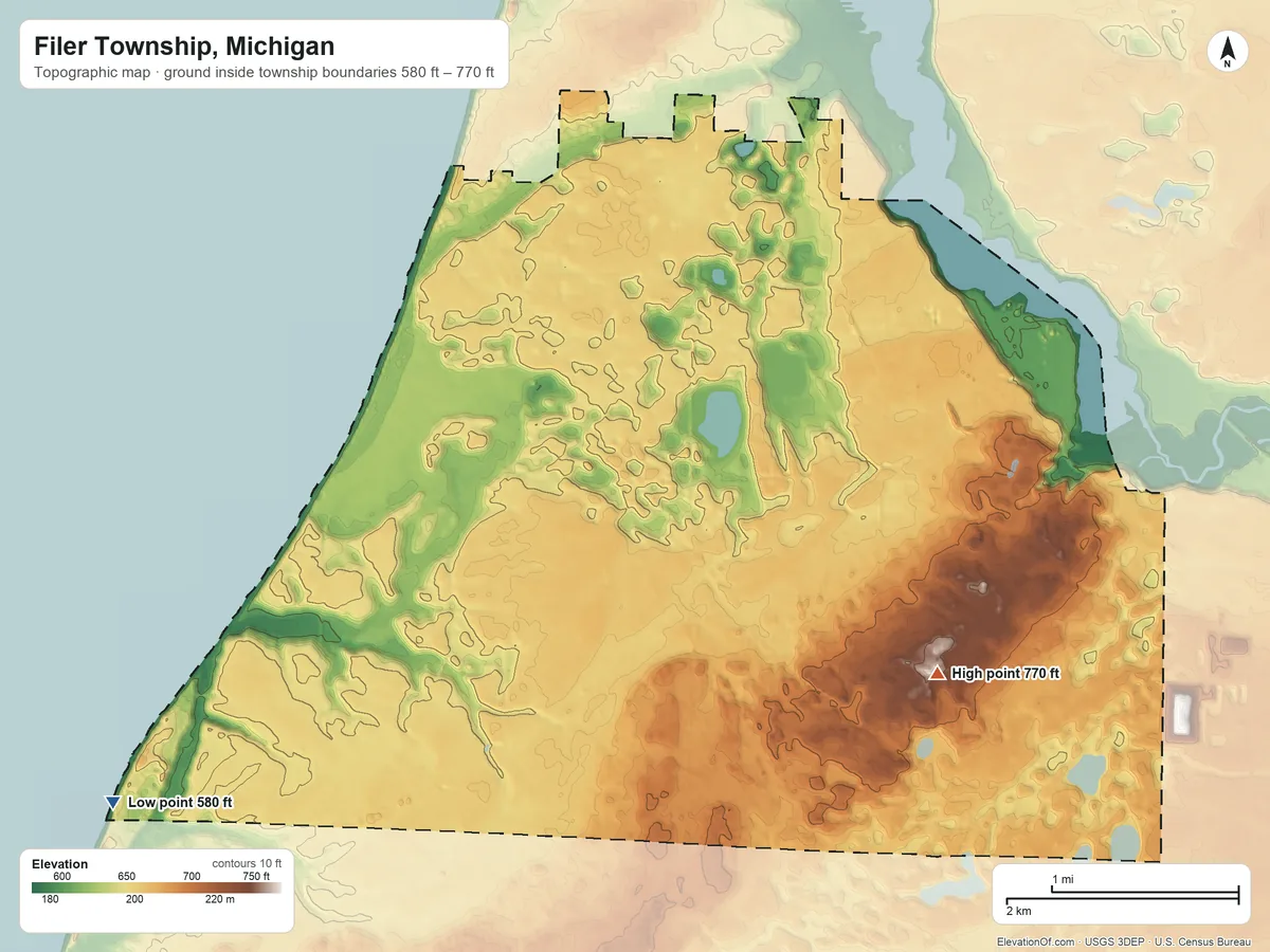 Topographic elevation map of Filer Township, Michigan, shaded from 580 ft on the southwest side to 770 ft on the southeast side