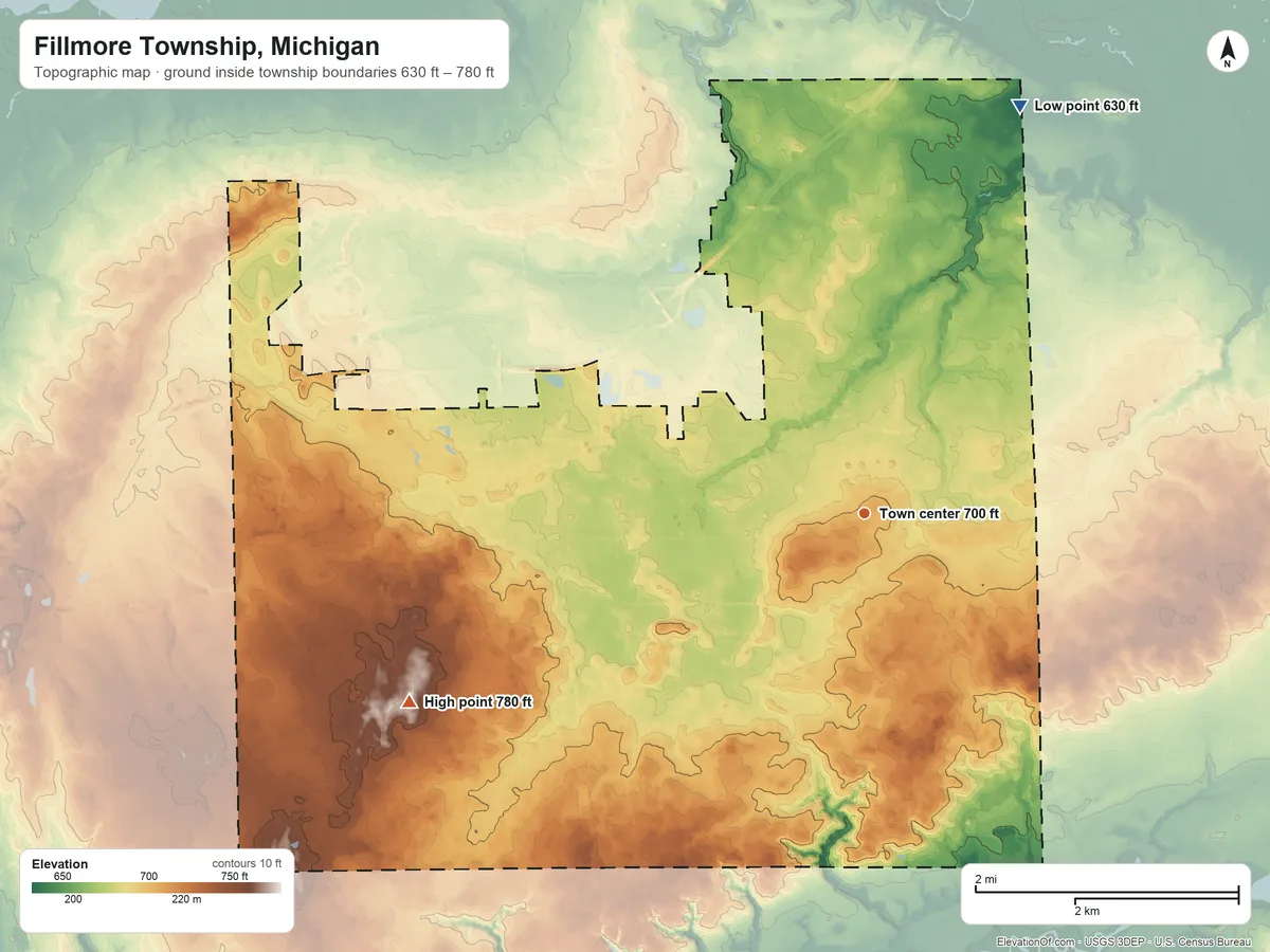 Topographic elevation map of Fillmore Township, Michigan, shaded from 630 ft on the north side to 780 ft on the west side