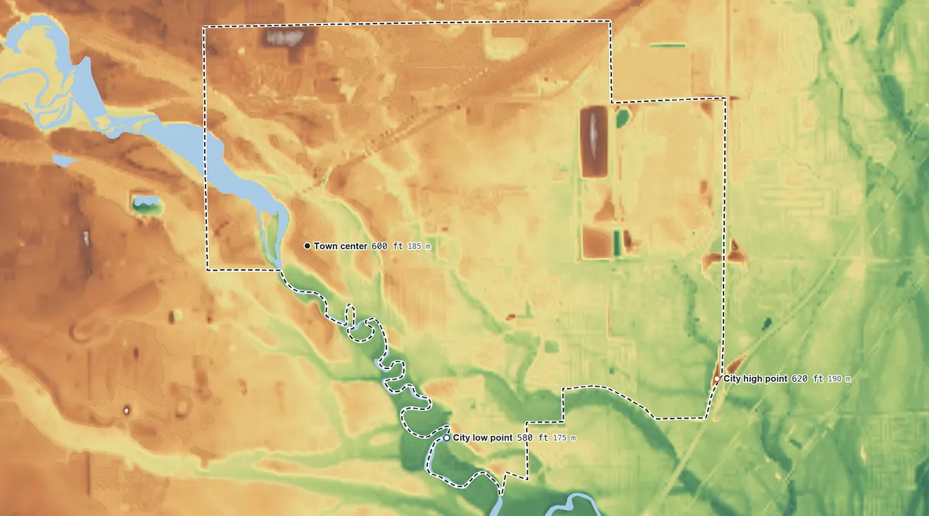 Topographic elevation map of Flat Rock, Michigan, shaded from 580 ft on the southeast side to 620 ft on the east side