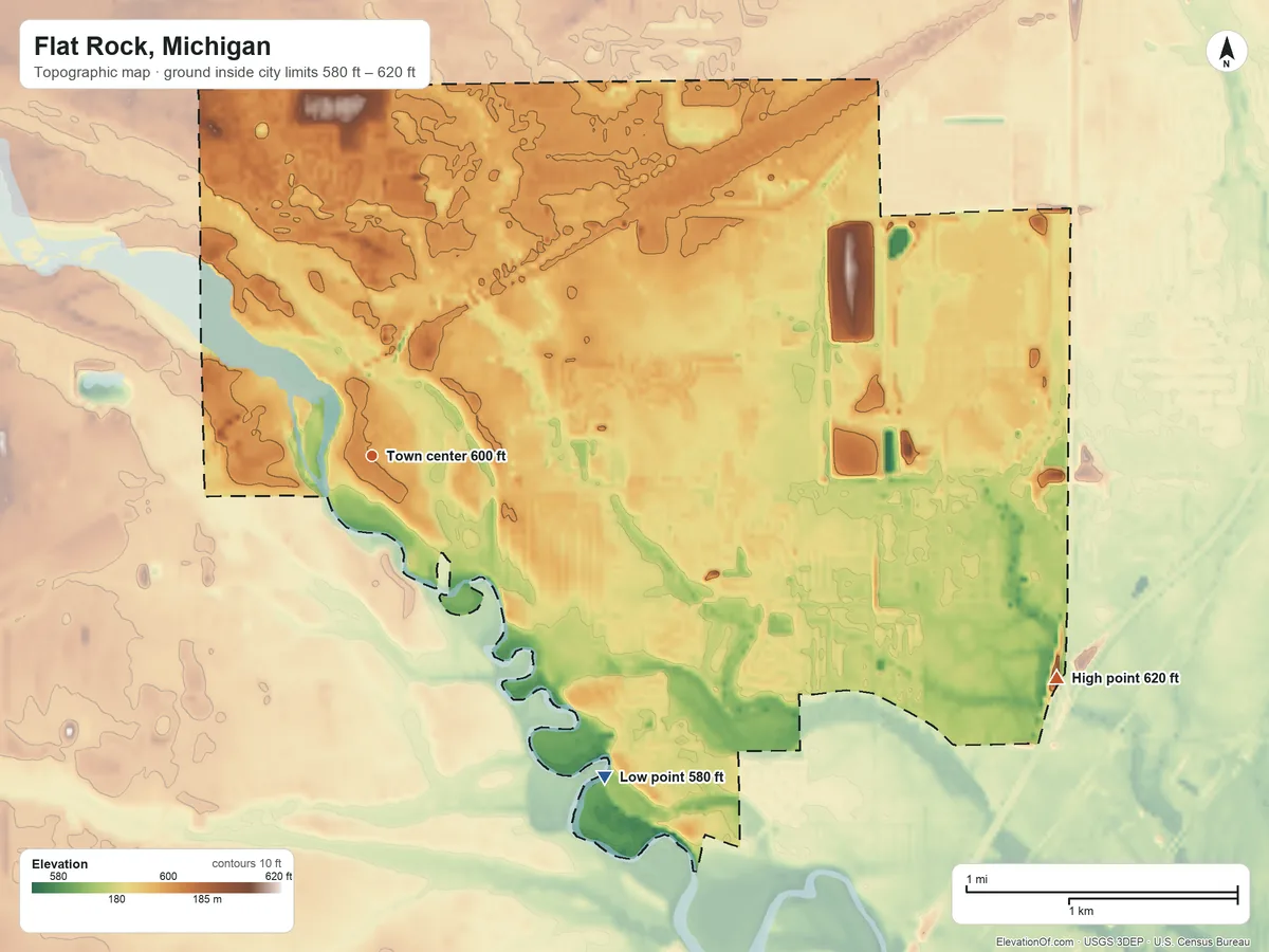 Topographic elevation map of Flat Rock, Michigan, shaded from 580 ft on the southeast side to 620 ft on the east side