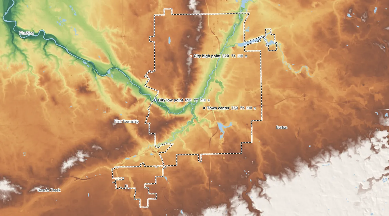 Topographic elevation map of Flint, Michigan, shaded from 690 ft on the west side to 820 ft on the north side