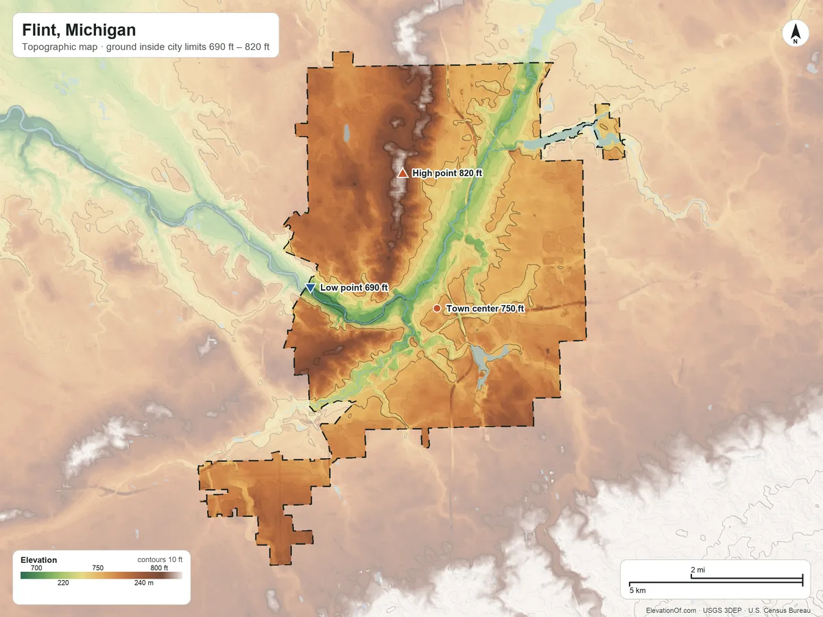 Topographic elevation map of Flint, Michigan, shaded from 690 ft on the west side to 820 ft on the north side