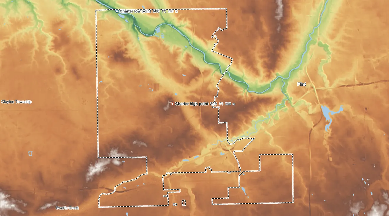 Topographic elevation map of Flint Township, Michigan, shaded from 680 ft on the northwest side to 820 ft near the middle