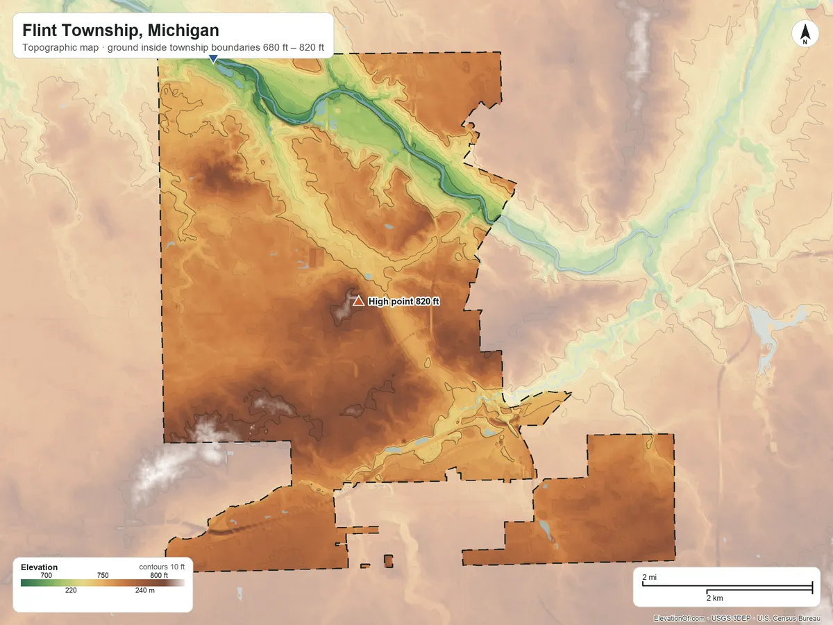 Topographic elevation map of Flint Township, Michigan, shaded from 680 ft on the northwest side to 820 ft near the middle