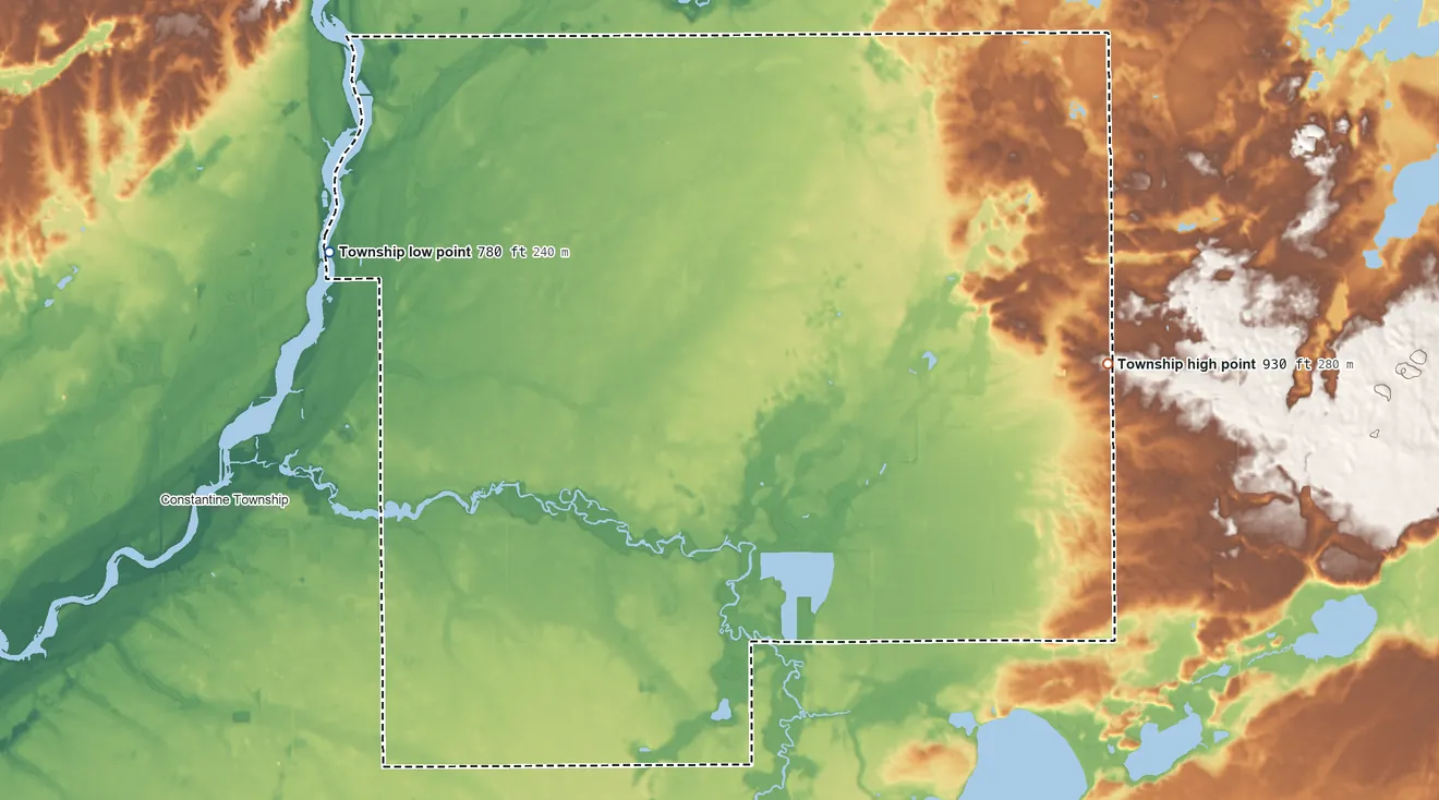 Topographic elevation map of Florence Township, Michigan, shaded from 780 ft on the west side to 930 ft on the east side