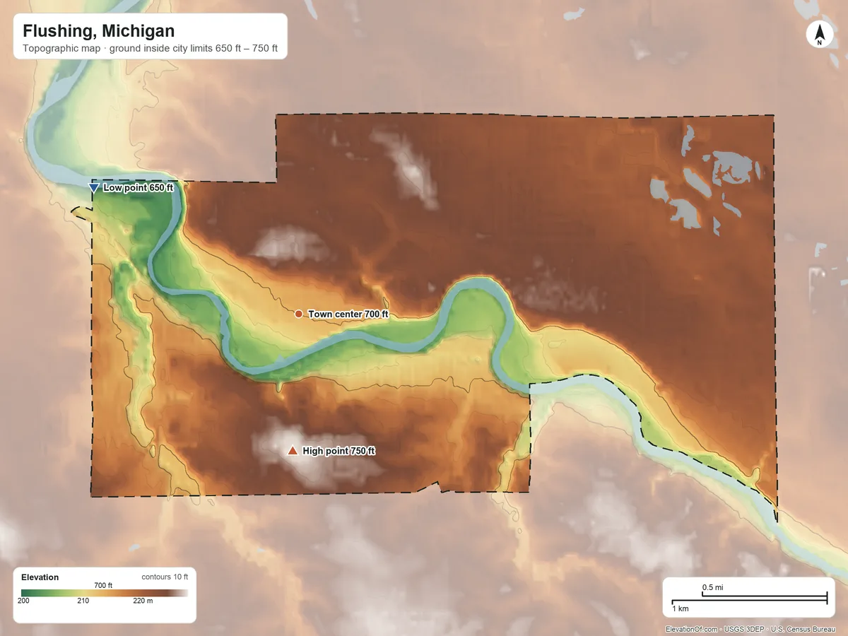 Topographic elevation map of Flushing, Michigan, shaded from 650 ft on the northwest side to 750 ft on the south side