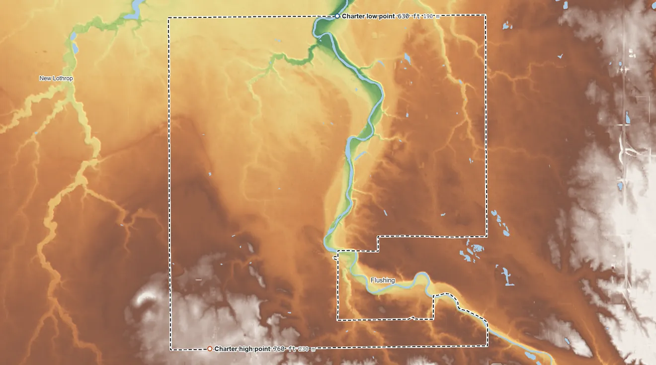 Topographic elevation map of Flushing Township, Michigan, shaded from 630 ft on the north side to 760 ft on the southwest side