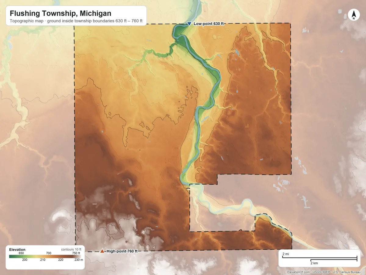 Topographic elevation map of Flushing Township, Michigan, shaded from 630 ft on the north side to 760 ft on the southwest side