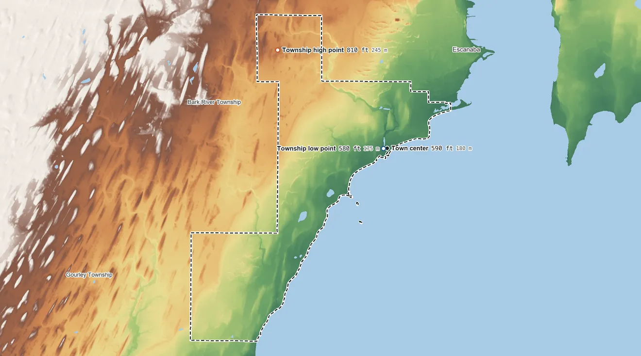 Topographic elevation map of Ford River Township, Michigan, shaded from 580 ft near the middle to 810 ft on the northwest side