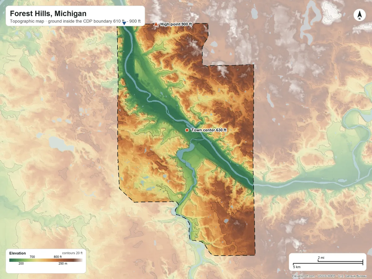 Topographic elevation map of Forest Hills, Michigan, shaded from 610 ft on the northwest side to 900 ft on the north side