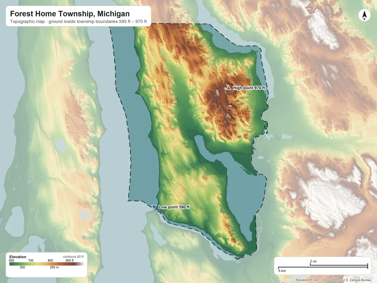 Topographic elevation map of Forest Home Township, Michigan, shaded from 590 ft on the southwest side to 970 ft on the north side