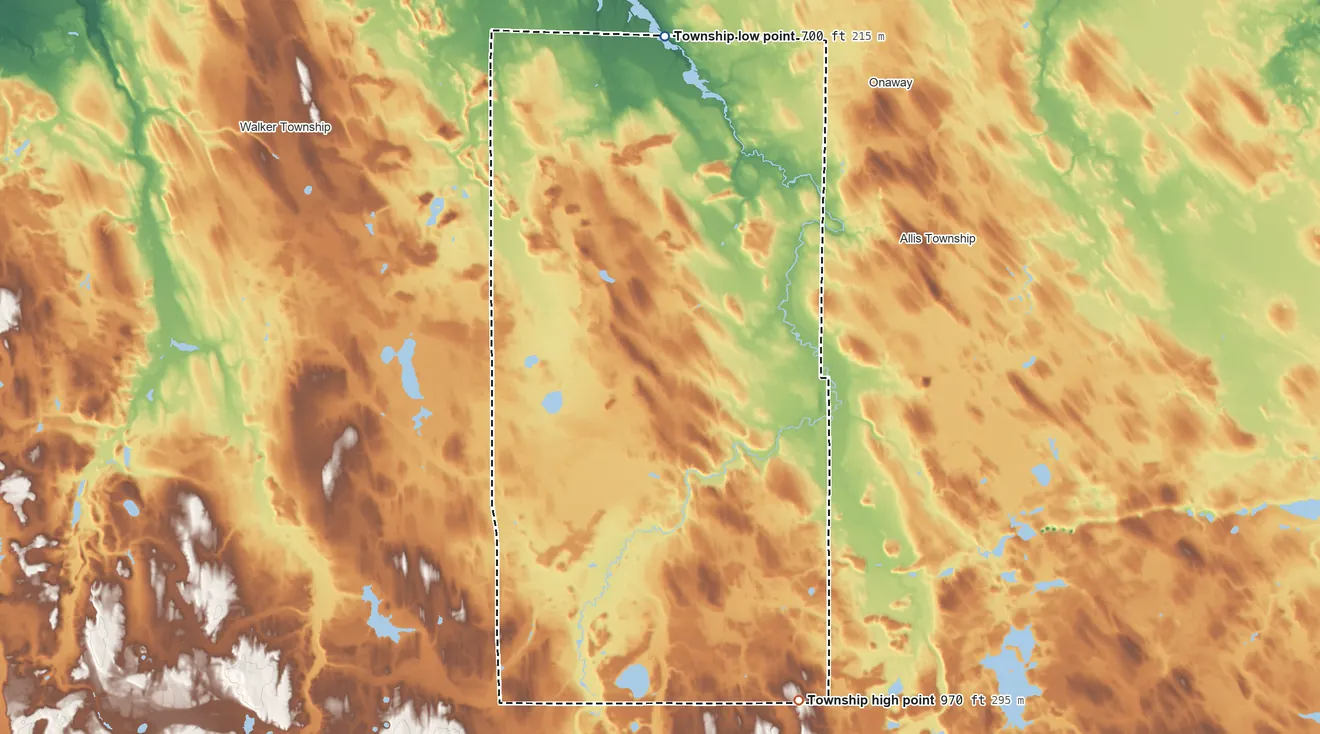 Topographic elevation map of Forest Township, Cheboygan County, Michigan, shaded from 700 ft on the north side to 970 ft on the south side