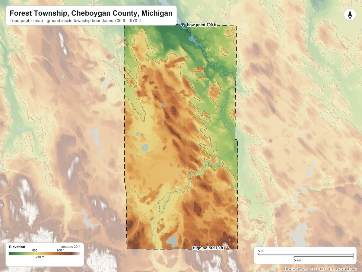 Topographic elevation map of Forest Township, Cheboygan County, Michigan, shaded from 700 ft on the north side to 970 ft on the south side