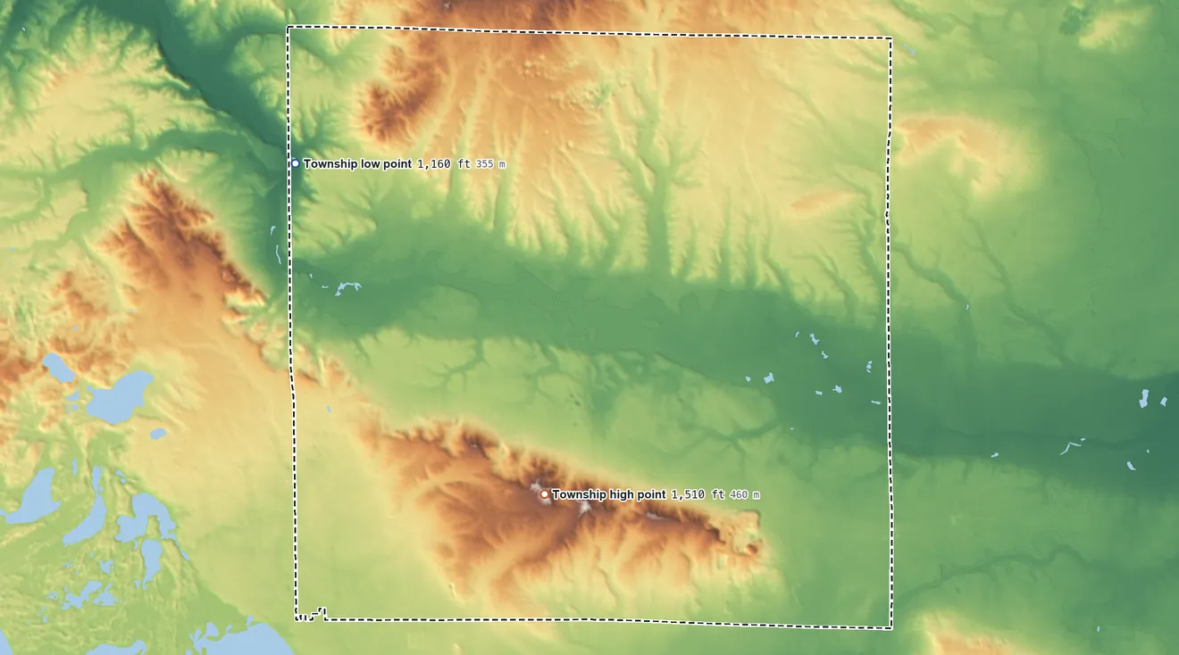 Topographic elevation map of Forest Township, Missaukee County, Michigan, shaded from 1,160 ft on the northwest side to 1,510 ft on the east side