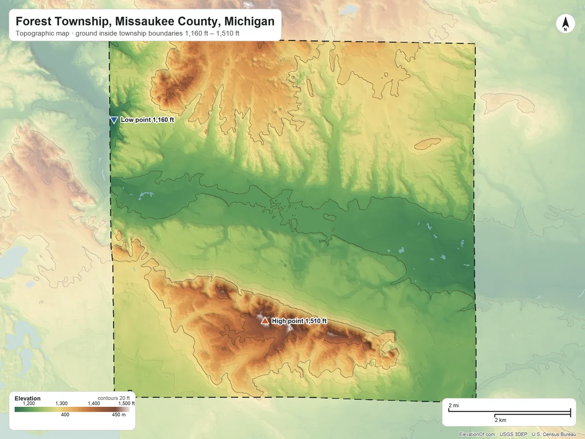 Topographic elevation map of Forest Township, Missaukee County, Michigan, shaded from 1,160 ft on the northwest side to 1,510 ft on the east side