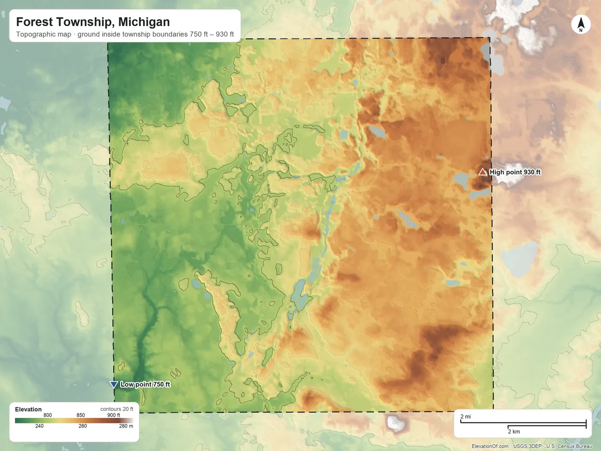 Topographic elevation map of Forest Township, Michigan, shaded from 750 ft on the southwest side to 930 ft on the northeast side