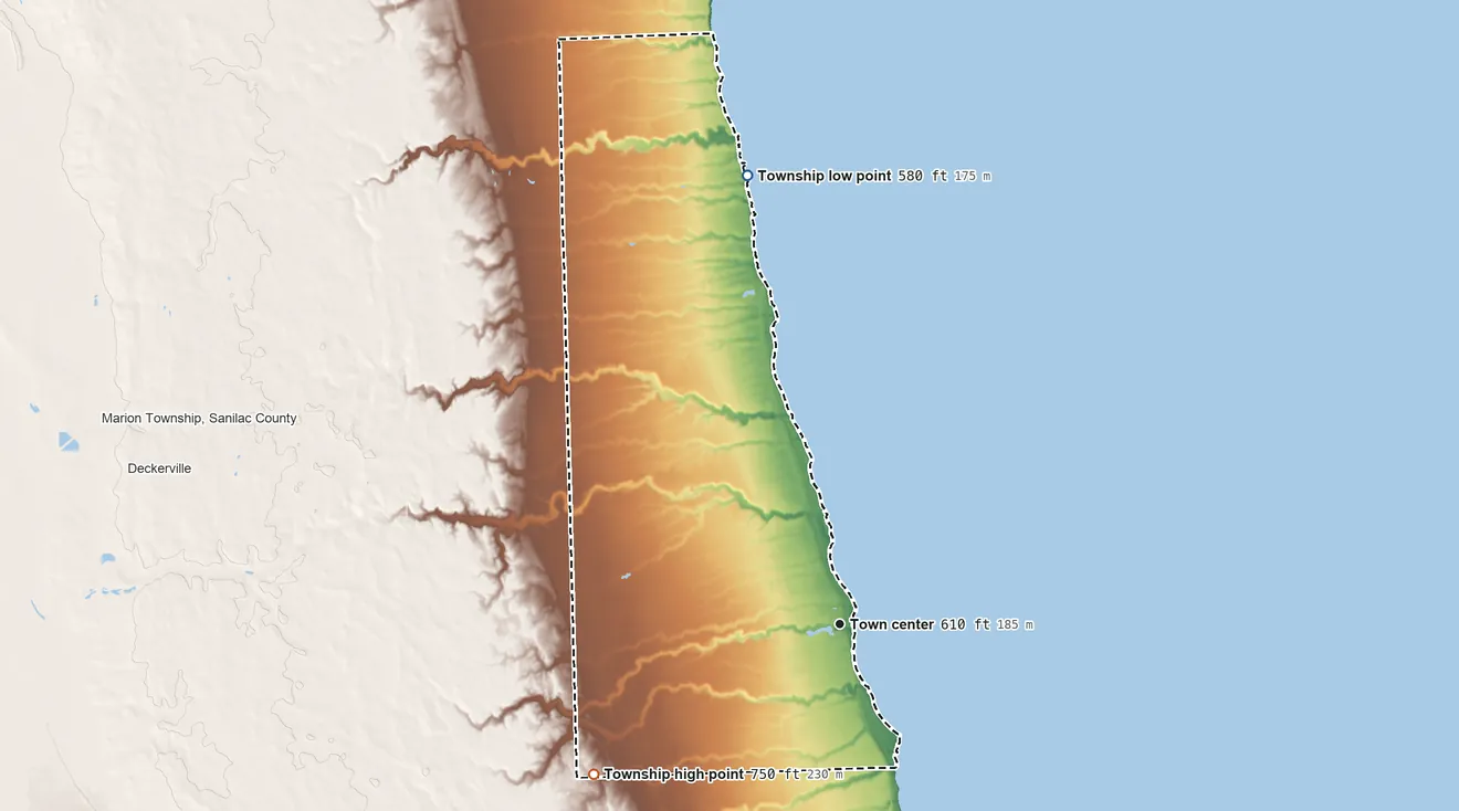Topographic elevation map of Forester Township, Michigan, shaded from 580 ft on the north side to 750 ft on the southwest side