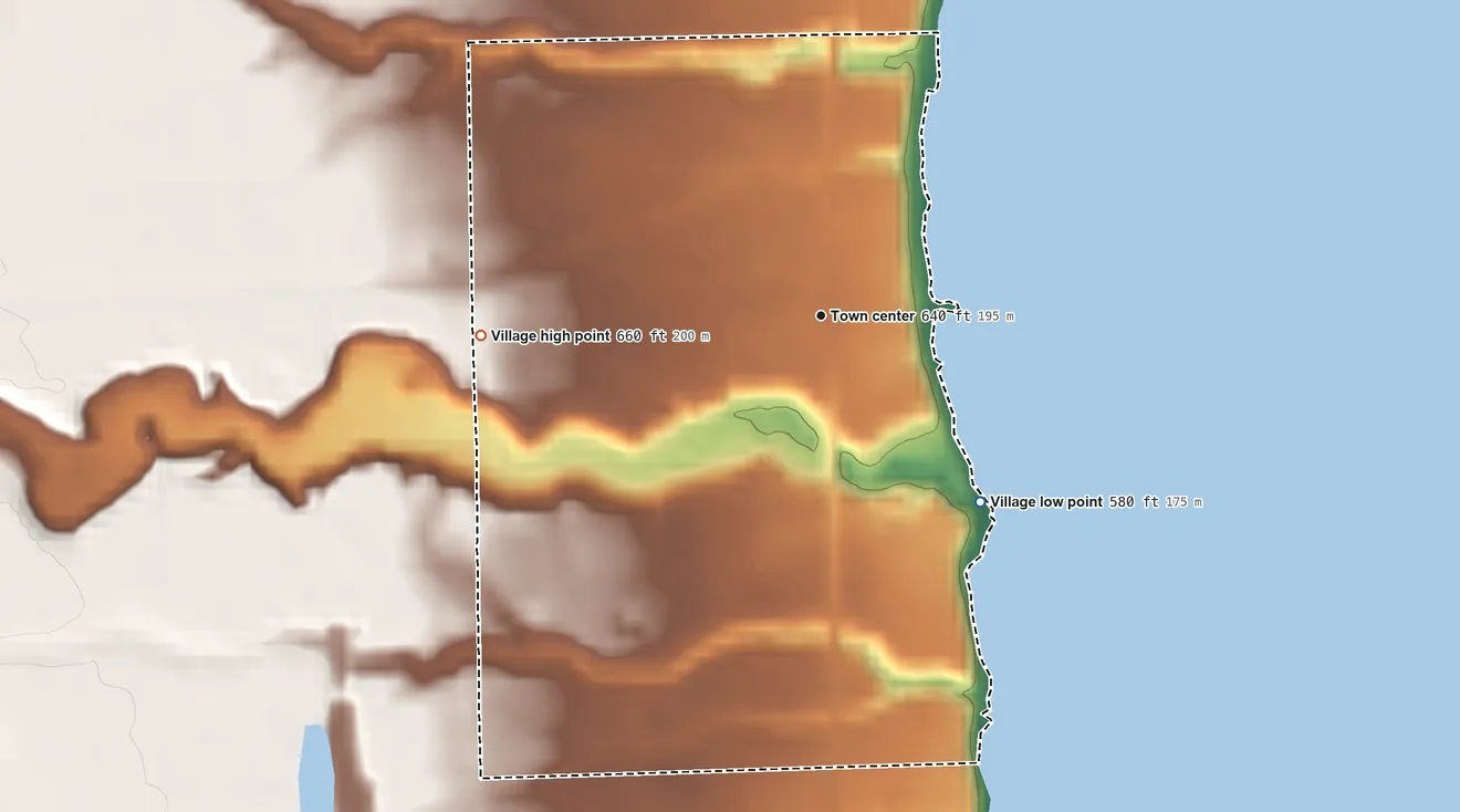 Topographic elevation map of Forestville, Michigan, shaded from 580 ft on the southeast side to 660 ft on the west side