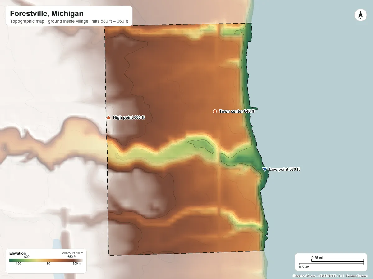 Topographic elevation map of Forestville, Michigan, shaded from 580 ft on the southeast side to 660 ft on the west side