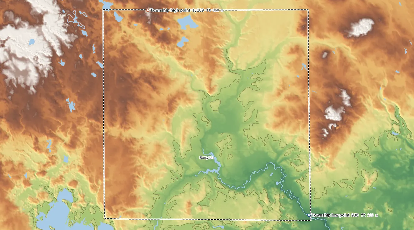 Topographic elevation map of Fork Township, Michigan, shaded from 930 ft on the southeast side to 1,180 ft on the northwest side