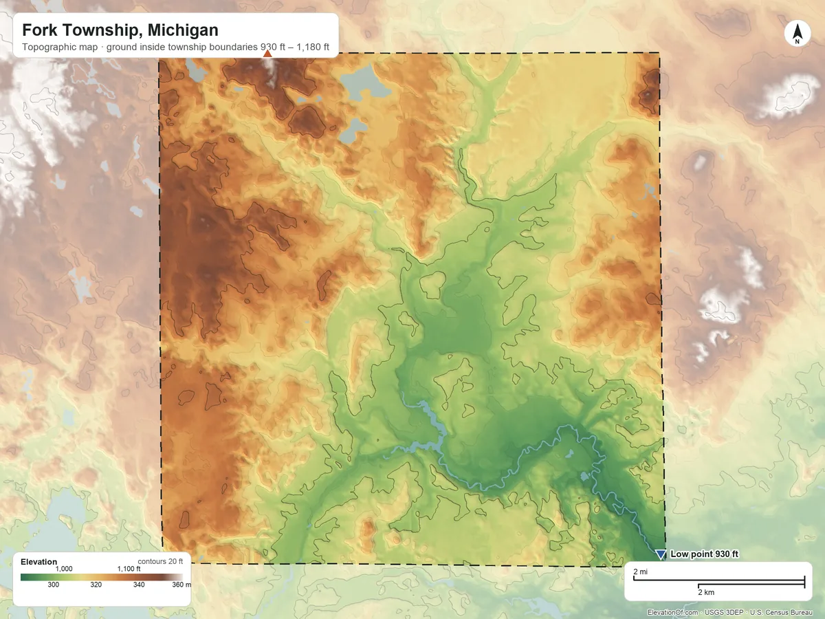 Topographic elevation map of Fork Township, Michigan, shaded from 930 ft on the southeast side to 1,180 ft on the northwest side