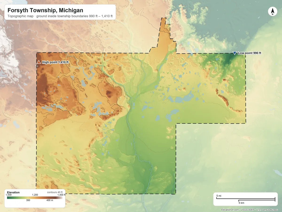 Topographic elevation map of Forsyth Township, Michigan, shaded from 990 ft on the east side to 1,410 ft on the west side