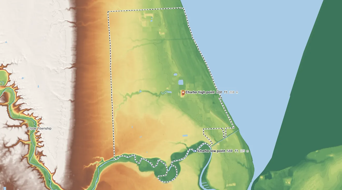 Topographic elevation map of Fort Gratiot Township, Michigan, shaded from 580 ft on the southeast side to 680 ft near the middle