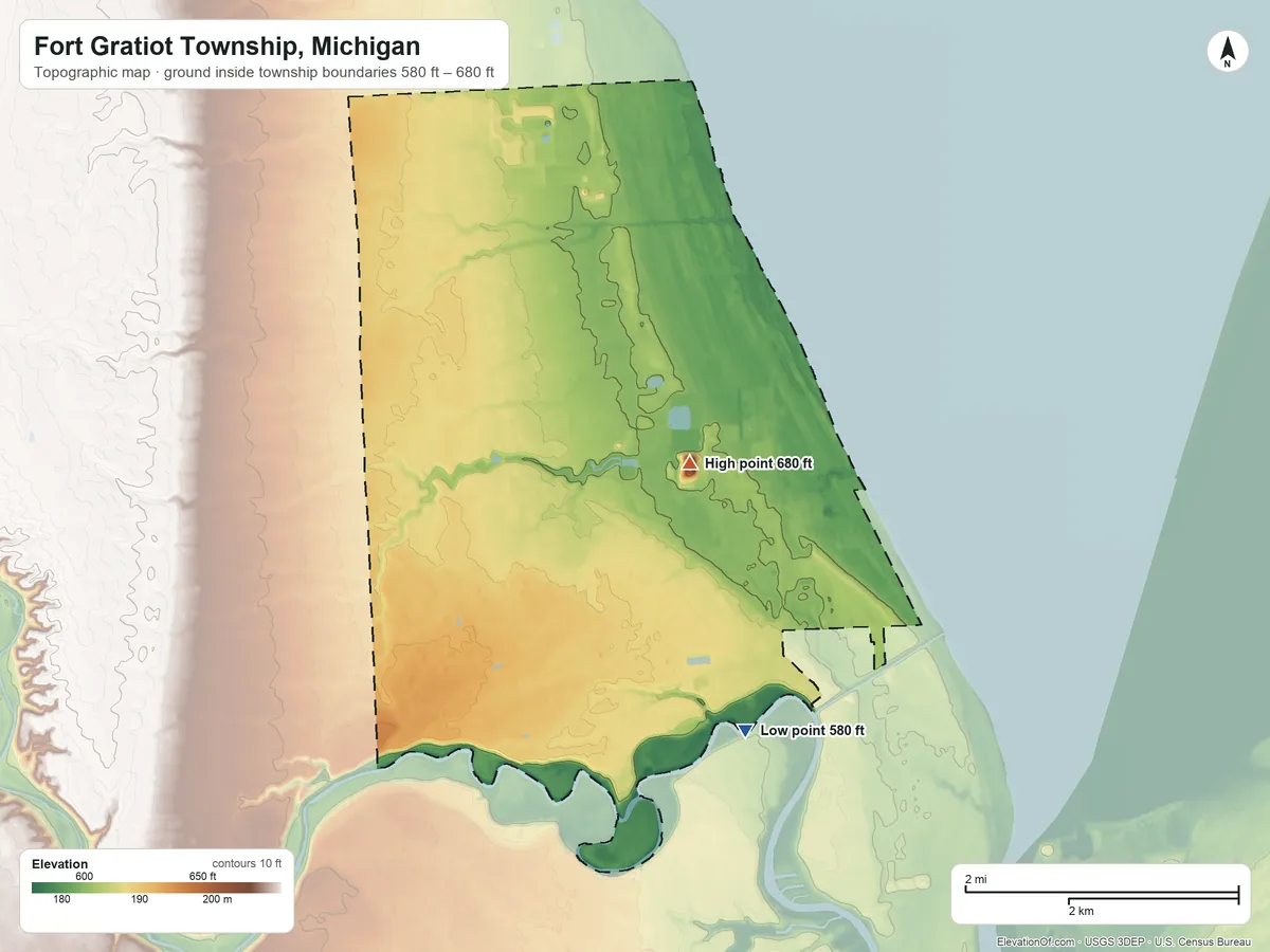 Topographic elevation map of Fort Gratiot Township, Michigan, shaded from 580 ft on the southeast side to 680 ft near the middle