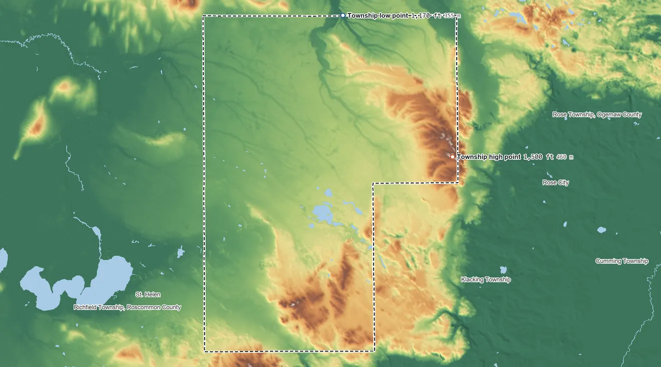 Topographic elevation map of Foster Township, Michigan, shaded from 1,170 ft on the north side to 1,500 ft on the northeast side