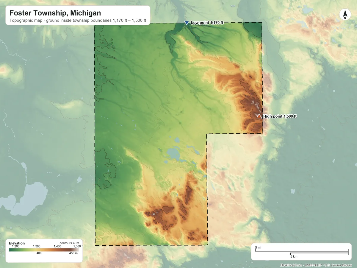 Topographic elevation map of Foster Township, Michigan, shaded from 1,170 ft on the north side to 1,500 ft on the northeast side