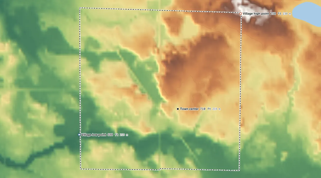 Topographic elevation map of Fountain, Michigan, shaded from 680 ft on the west side to 750 ft on the northeast side