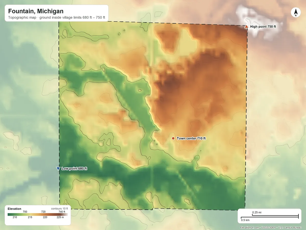 Topographic elevation map of Fountain, Michigan, shaded from 680 ft on the west side to 750 ft on the northeast side