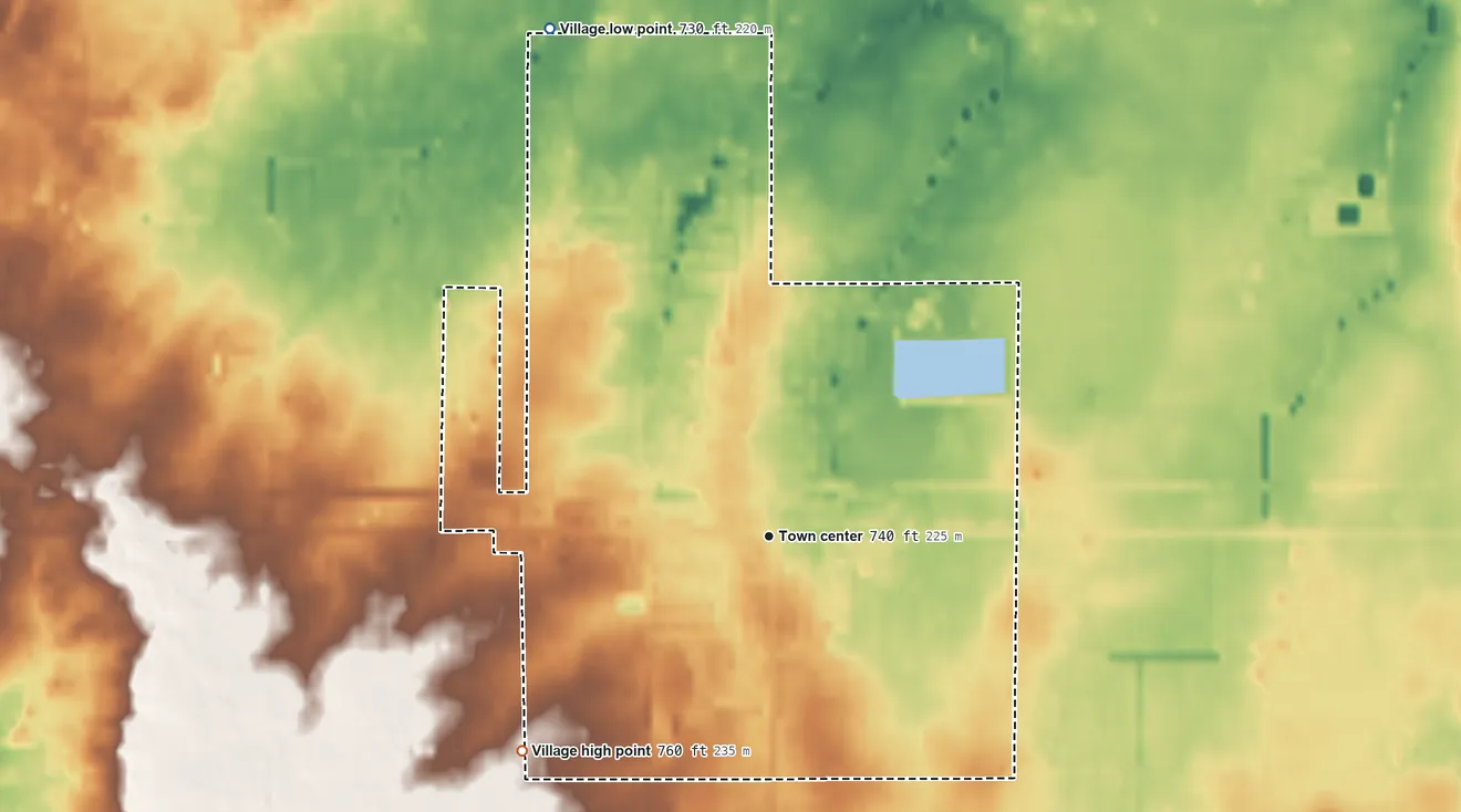Topographic elevation map of Fowler, Michigan, shaded from 730 ft on the northwest side to 760 ft on the southwest side
