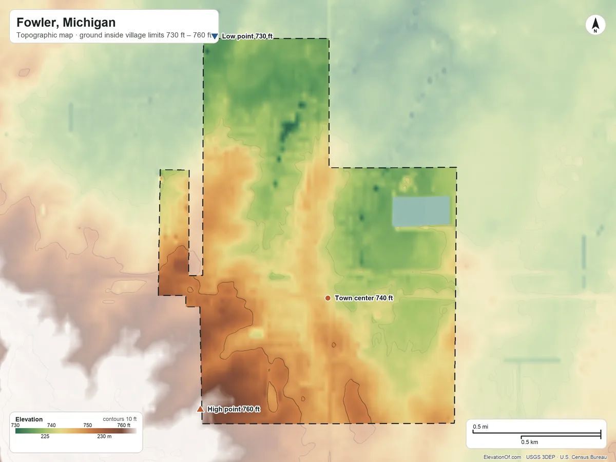 Topographic elevation map of Fowler, Michigan, shaded from 730 ft on the northwest side to 760 ft on the southwest side