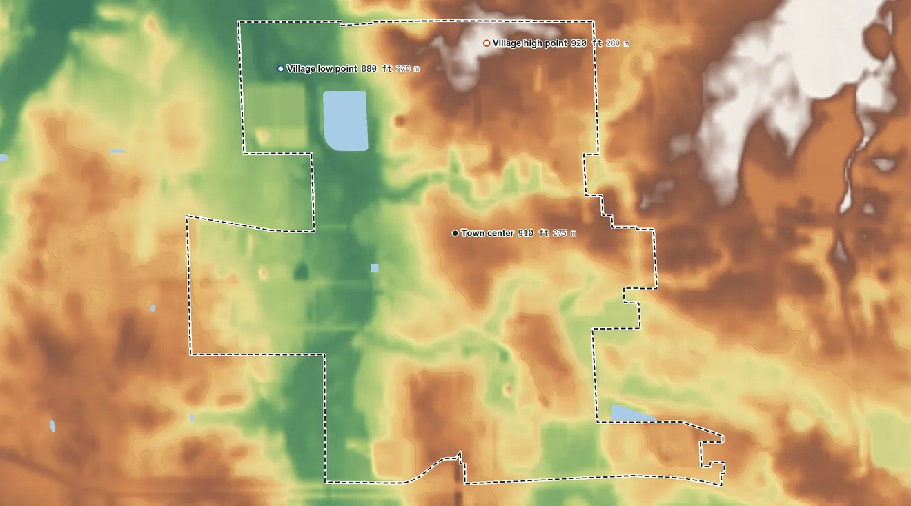 Topographic elevation map of Fowlerville, Michigan, shaded from 880 ft on the northwest side to 920 ft on the north side