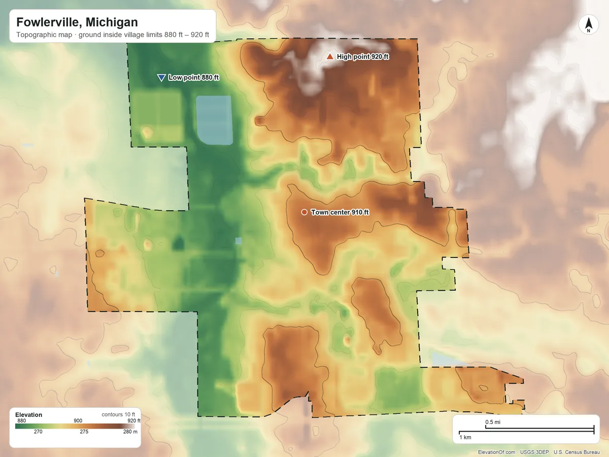 Topographic elevation map of Fowlerville, Michigan, shaded from 880 ft on the northwest side to 920 ft on the north side