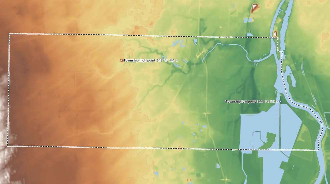 Topographic elevation map of Frankenlust Township, Michigan, shaded from 570 ft on the east side to 640 ft on the west side